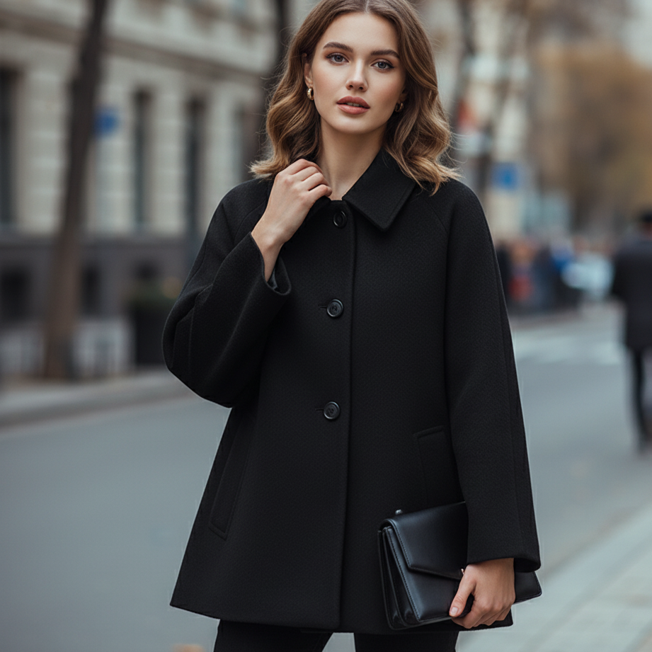 Woman wearing a black coat holding a black handbag on a city street.