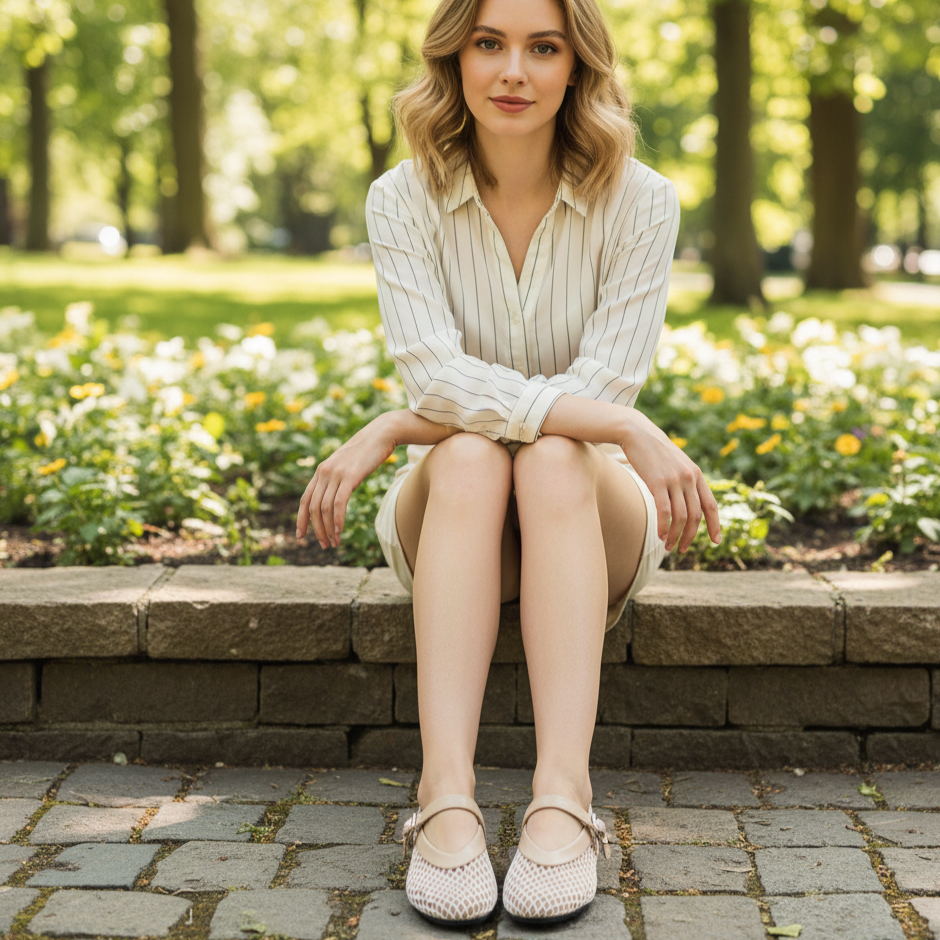 Woman sitting on a stone wall in a park with flowers and trees in the background