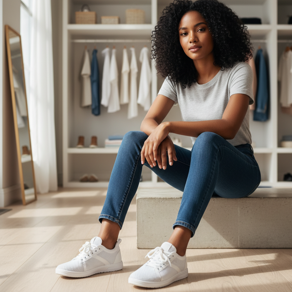 Woman sitting in a clothing store wearing white sneakers, blue jeans, and a light gray t-shirt.