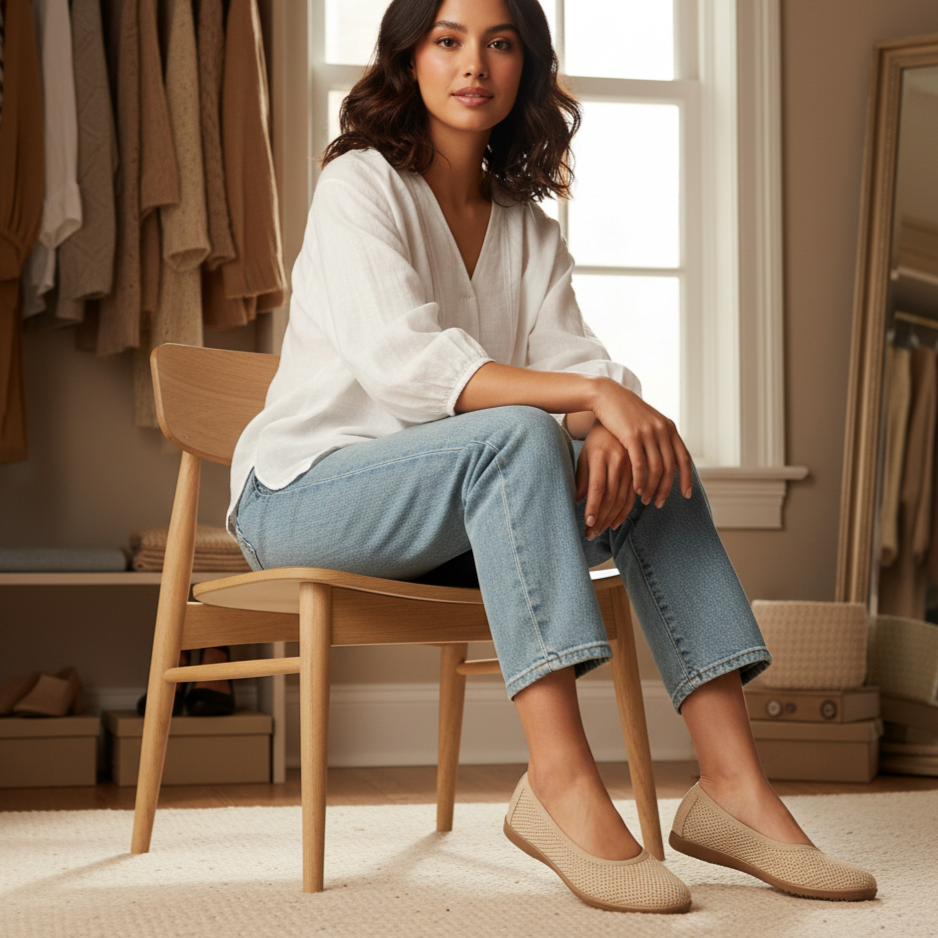 Woman sitting on a chair in a room with clothing racks and a mirror.