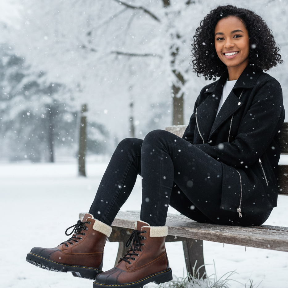 Woman sitting on a bench in the snow wearing brown boots, black coat, and dark pants.
