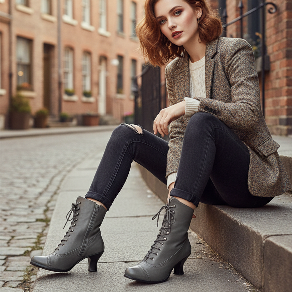 Woman sitting on a stone step wearing gray high-heeled boots, brown coat, and dark jeans.