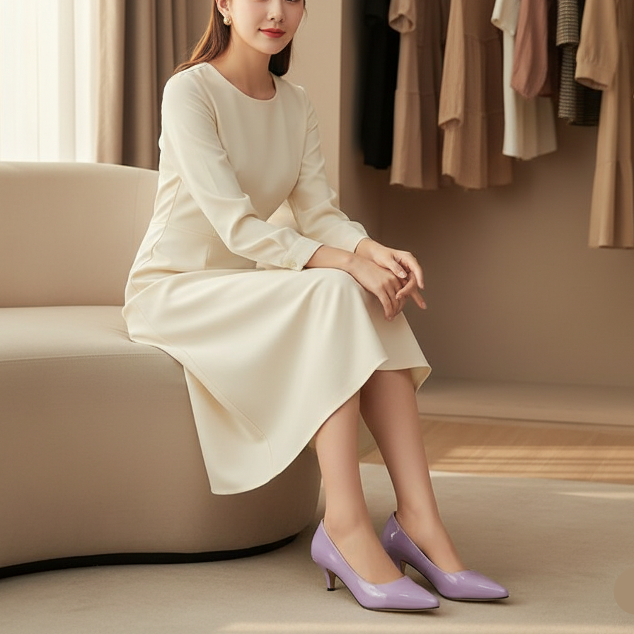 Woman in a white dress sitting on a couch in a room with clothing racks.