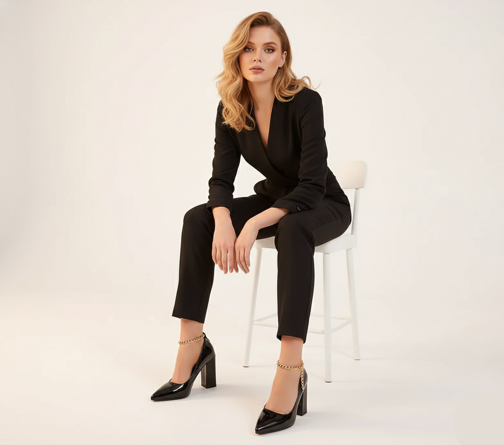 Woman in a black suit sitting on a white stool against a white background