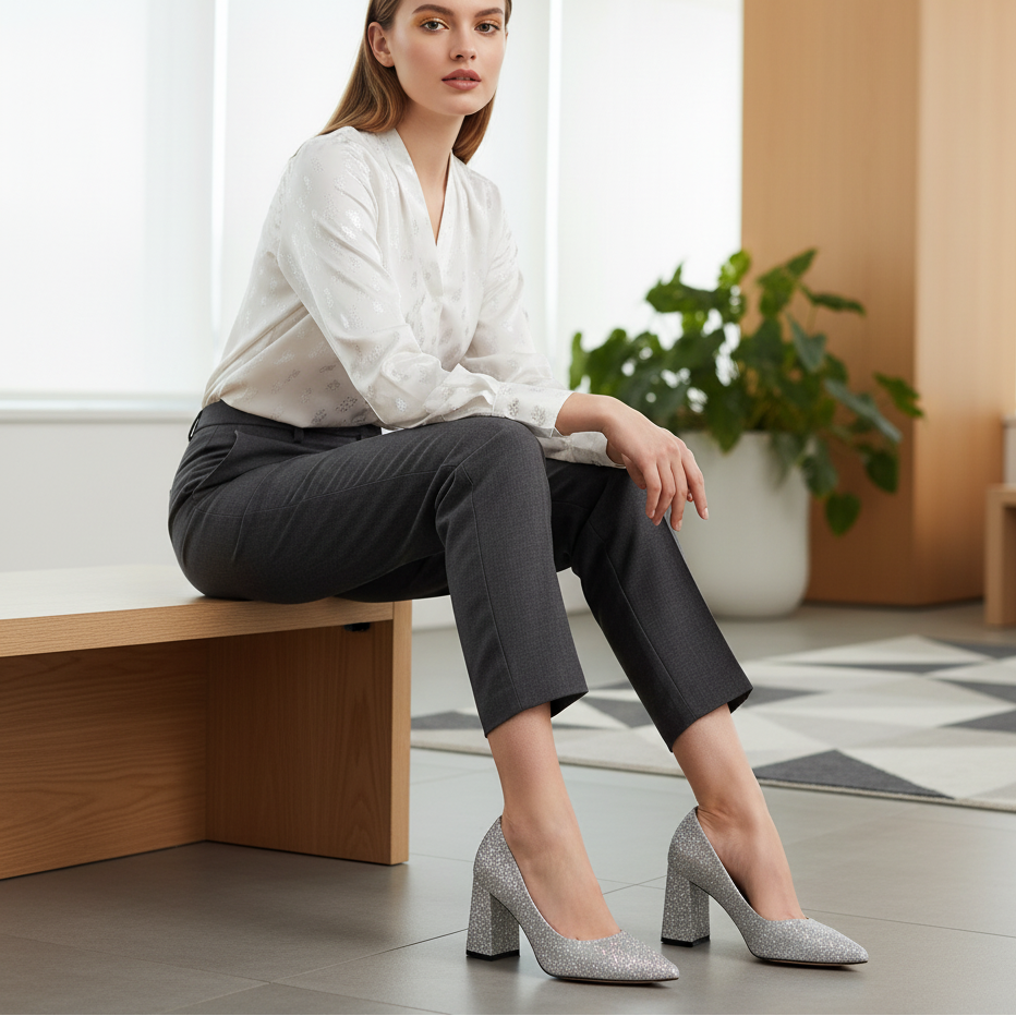 Woman sitting on a bench wearing a white blouse and black pants with silver high heels in a modern room.