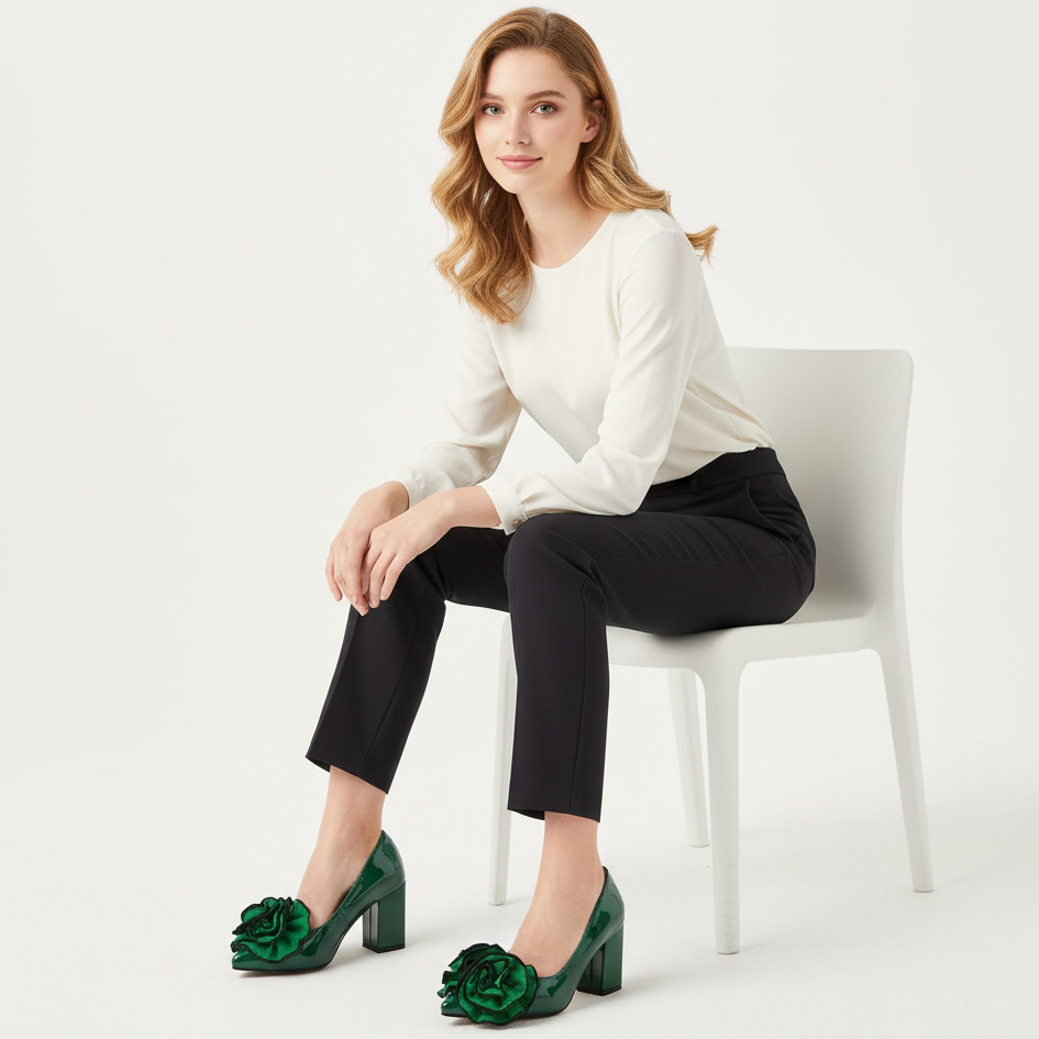 Woman sitting on a chair wearing a white blouse, black pants, and green shoes with floral details.