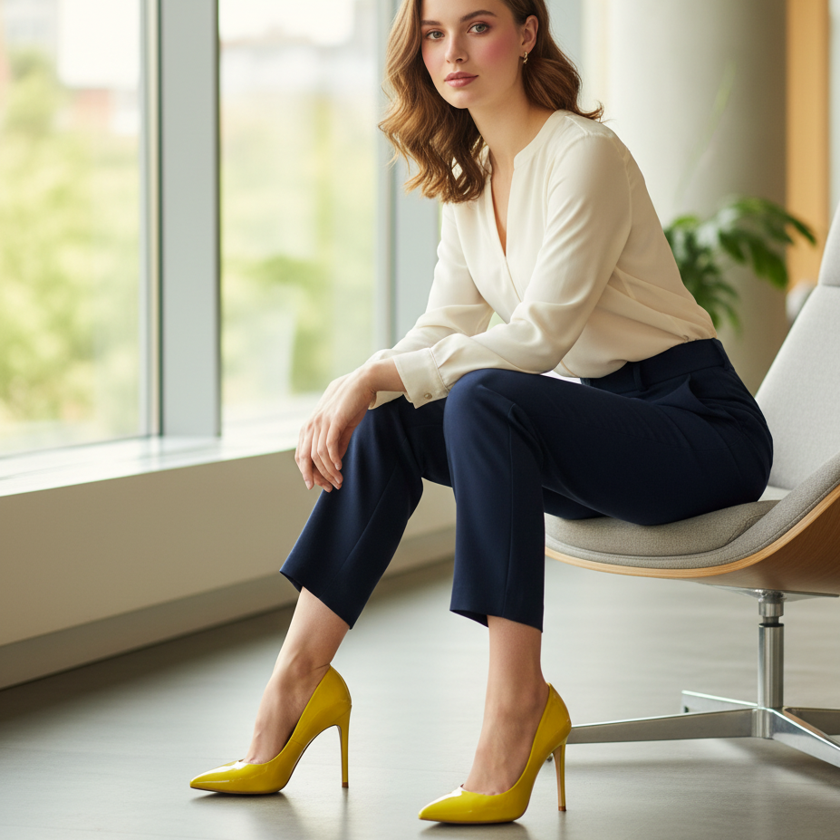 Woman in a white blouse and navy pants with yellow shoes sitting on a modern chair by a window.