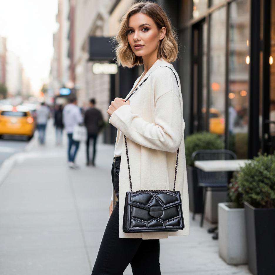 Woman holding a black handbag on a city street