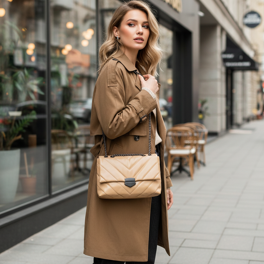 Woman in a brown coat with a beige quilted handbag walking on a city street.