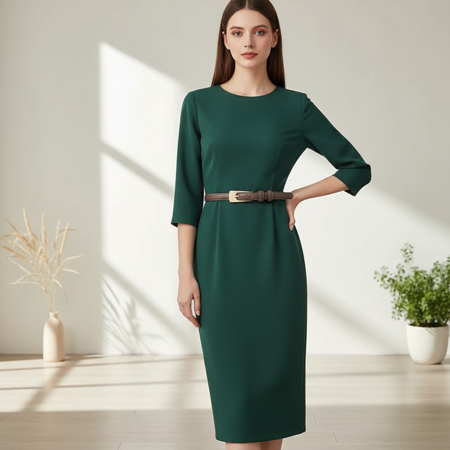 Woman wearing a green dress with a belt in a bright room with plants.
