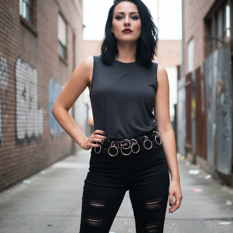 Woman in black sleeveless top and ripped jeans standing in an alleyway.