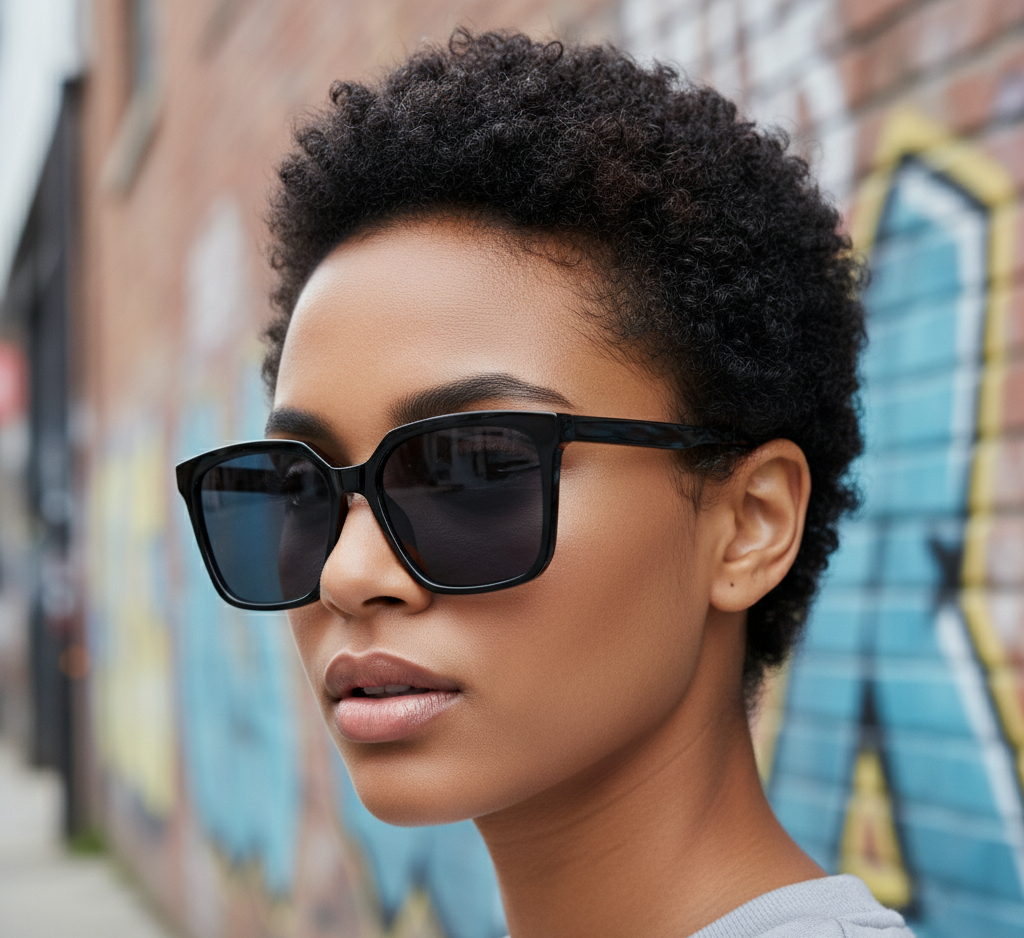 Woman wearing sunglasses with a graffiti-covered wall in the background