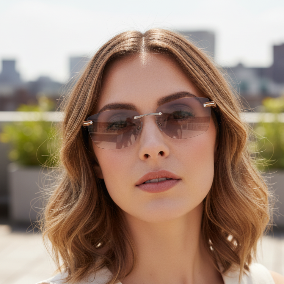 Woman wearing sunglasses with a blurred cityscape background