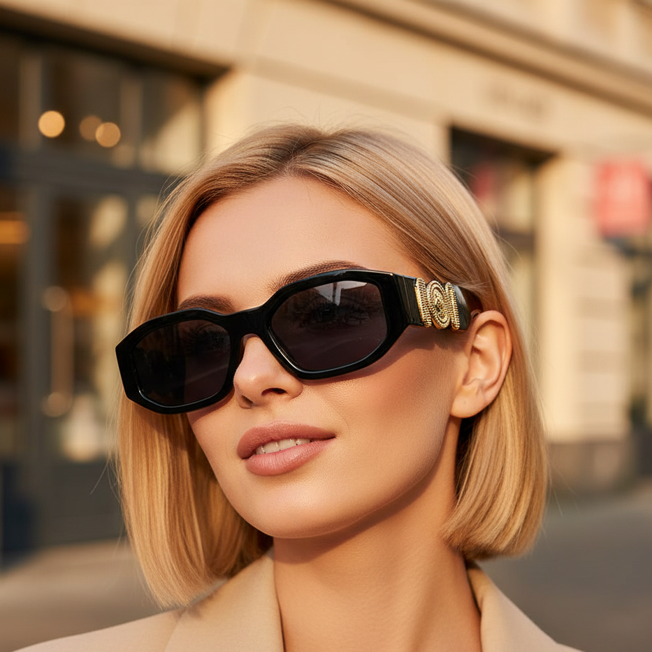 Woman wearing stylish sunglasses with a blurred city street background
