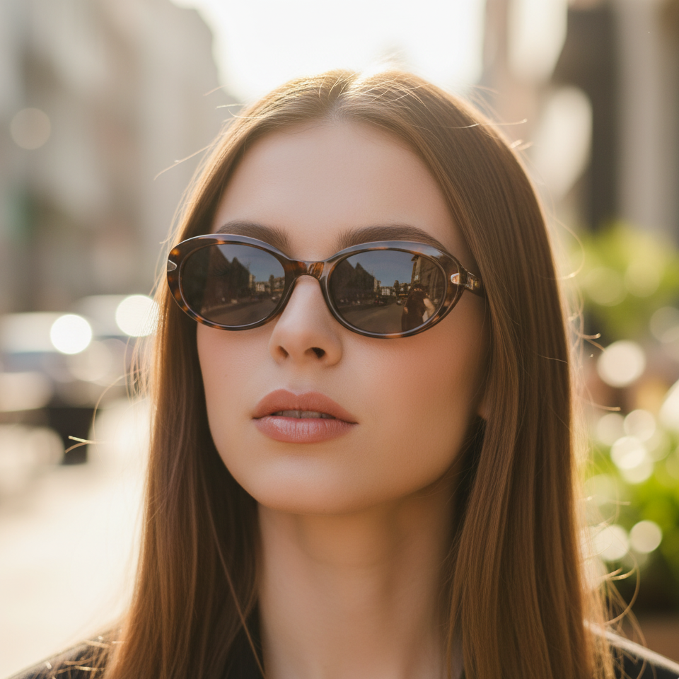 Woman wearing sunglasses with a blurred city street background
