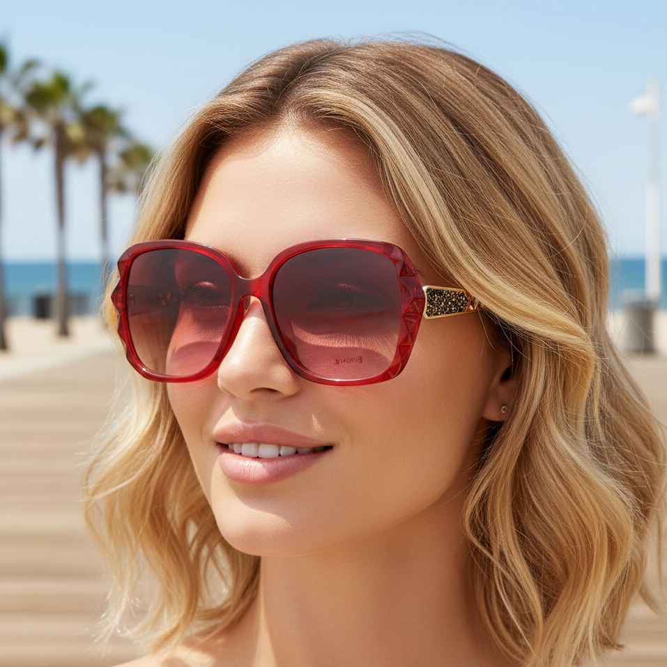 Woman wearing red sunglasses with a beach and palm trees in the background