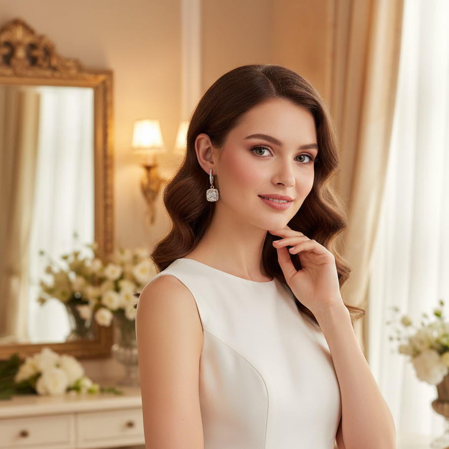 Woman in a white dress standing in a decorated room with flowers and a mirror.