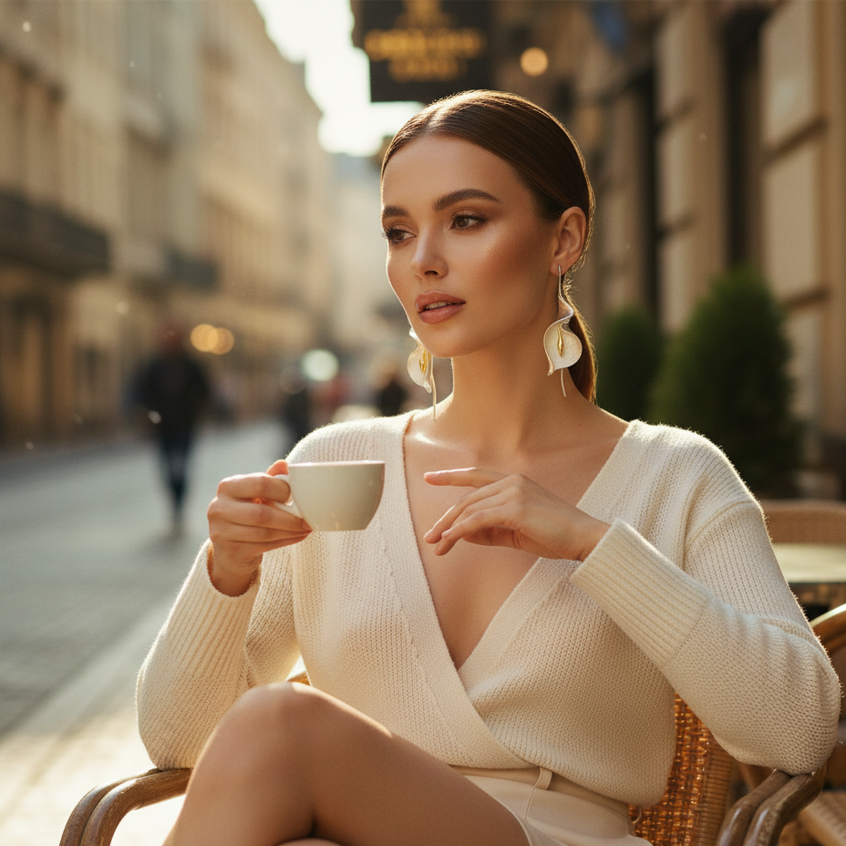 Woman in a white dress sitting outdoors holding a cup, with a blurred city street background