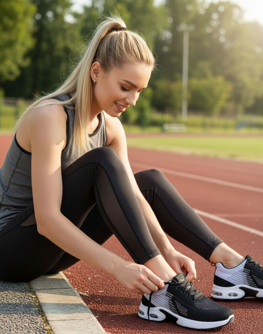 Woman tying her running shoes on a track