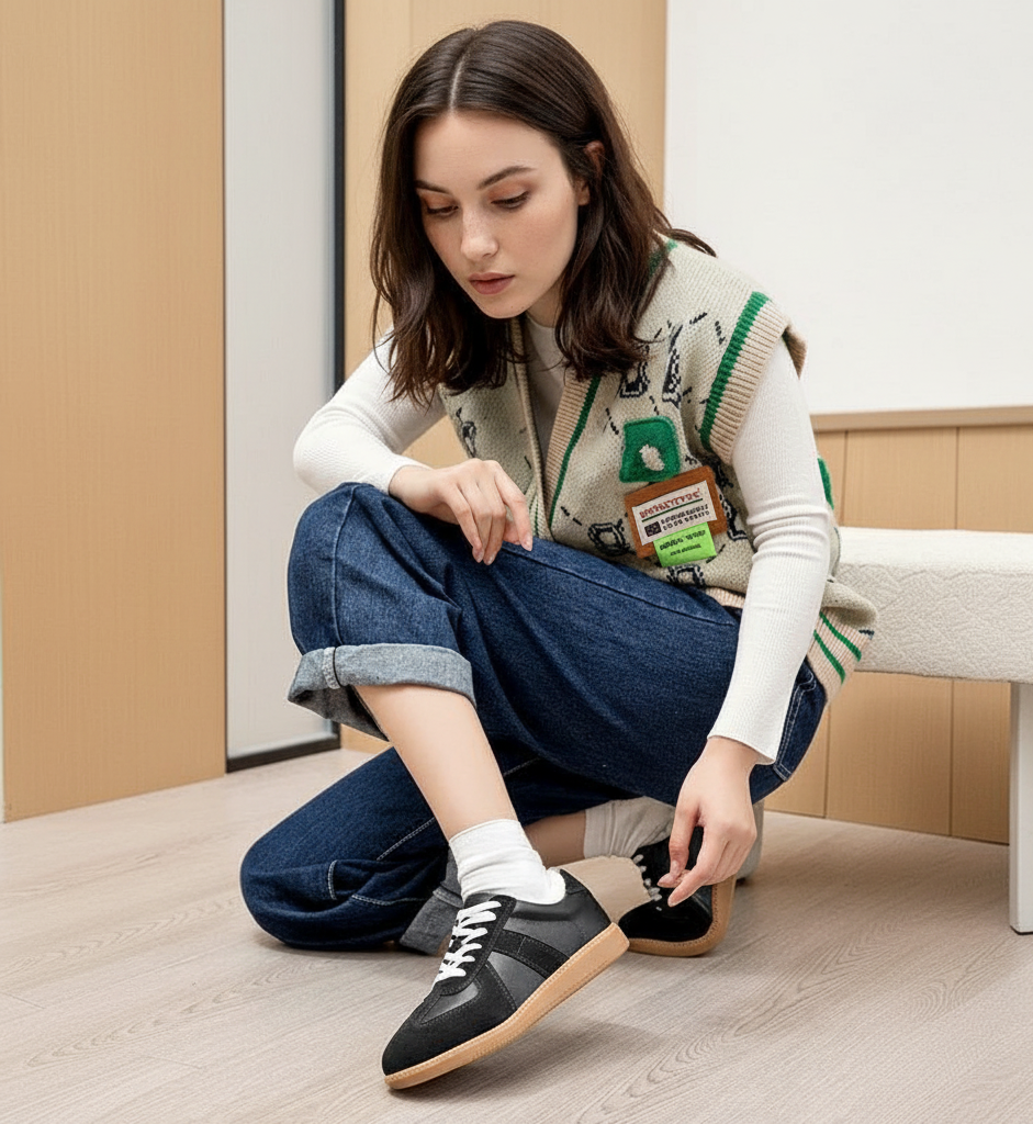 Woman trying on black sneakers with a wooden floor and beige wall in the background