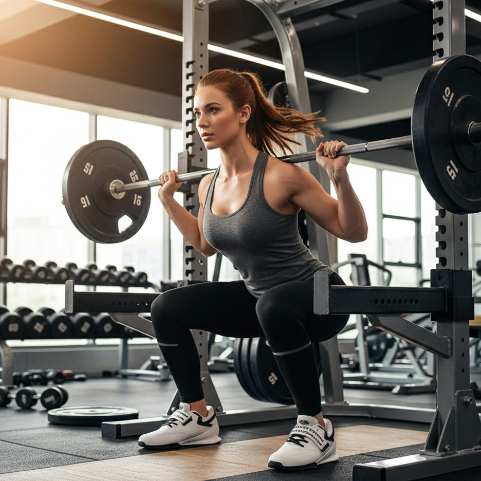 Woman lifting weights in a gym setting
