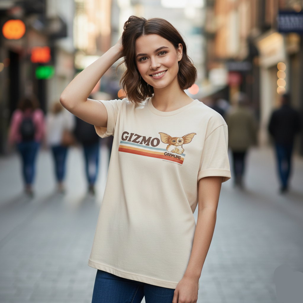 Woman wearing a t-shirt with 'Gizmo' graphic on a city street