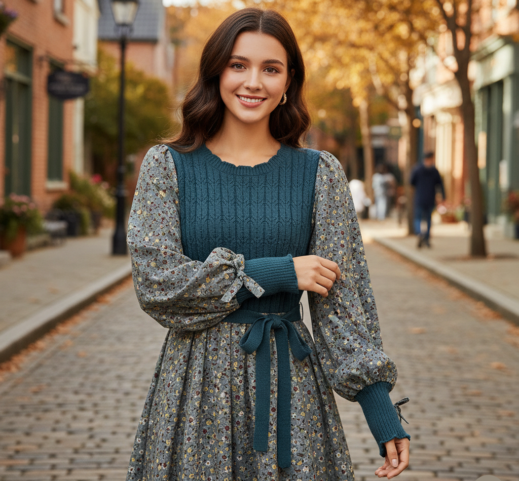 Woman in a teal dress with floral sleeves standing on a street.