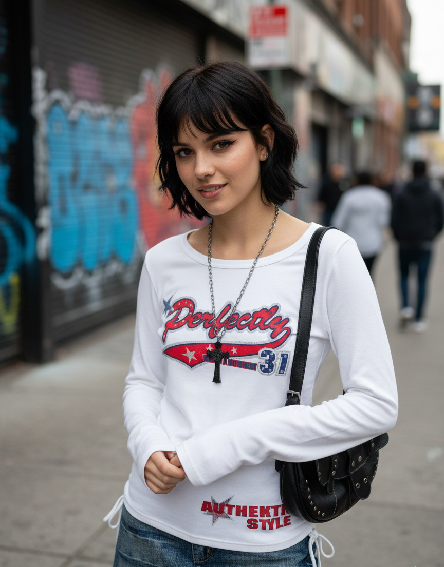 Vintage Grunge Long Sleeve Graphic Tee – Y2K Aesthetic Streetwear for Women