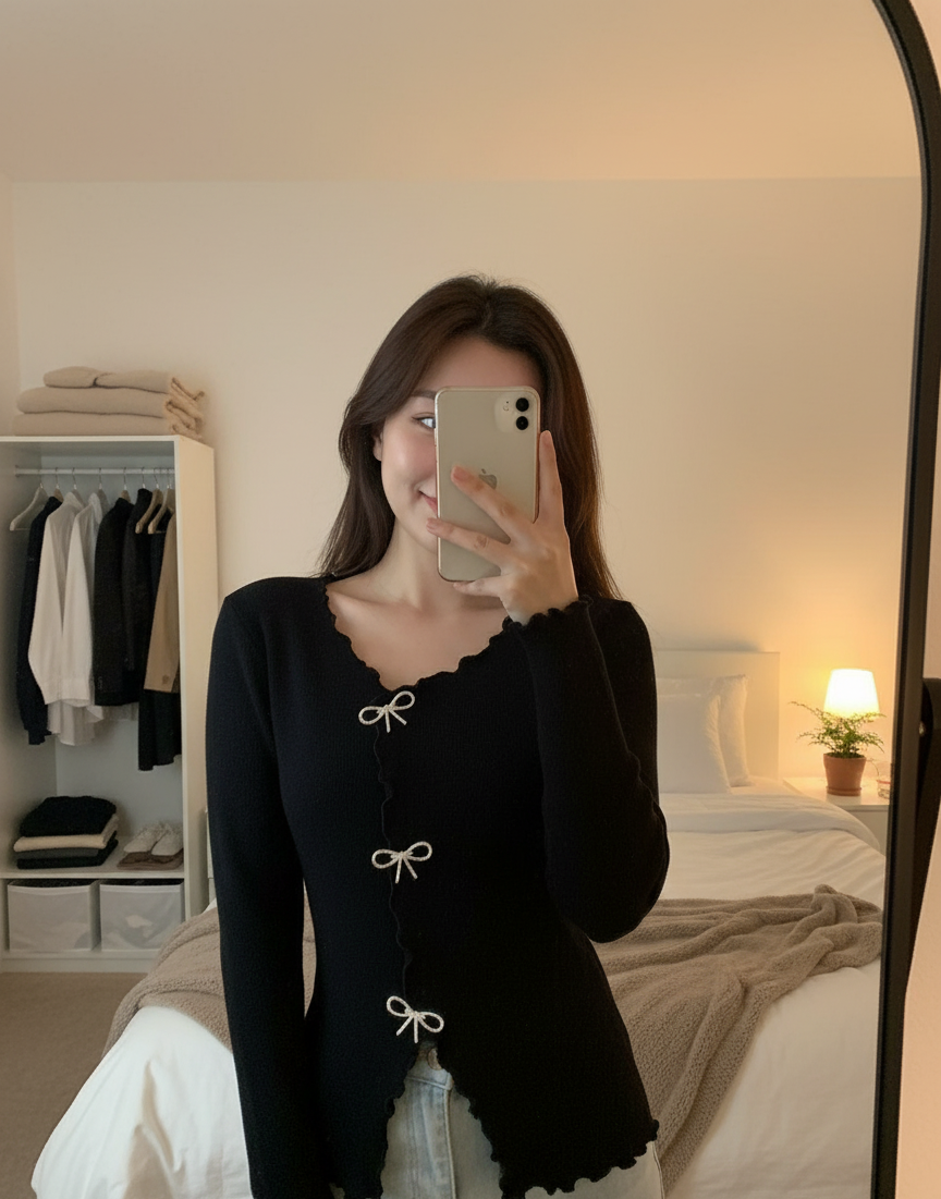 Women’s Y2K Pullover Sweater – Lettuce Trim Bowknot Long Sleeve