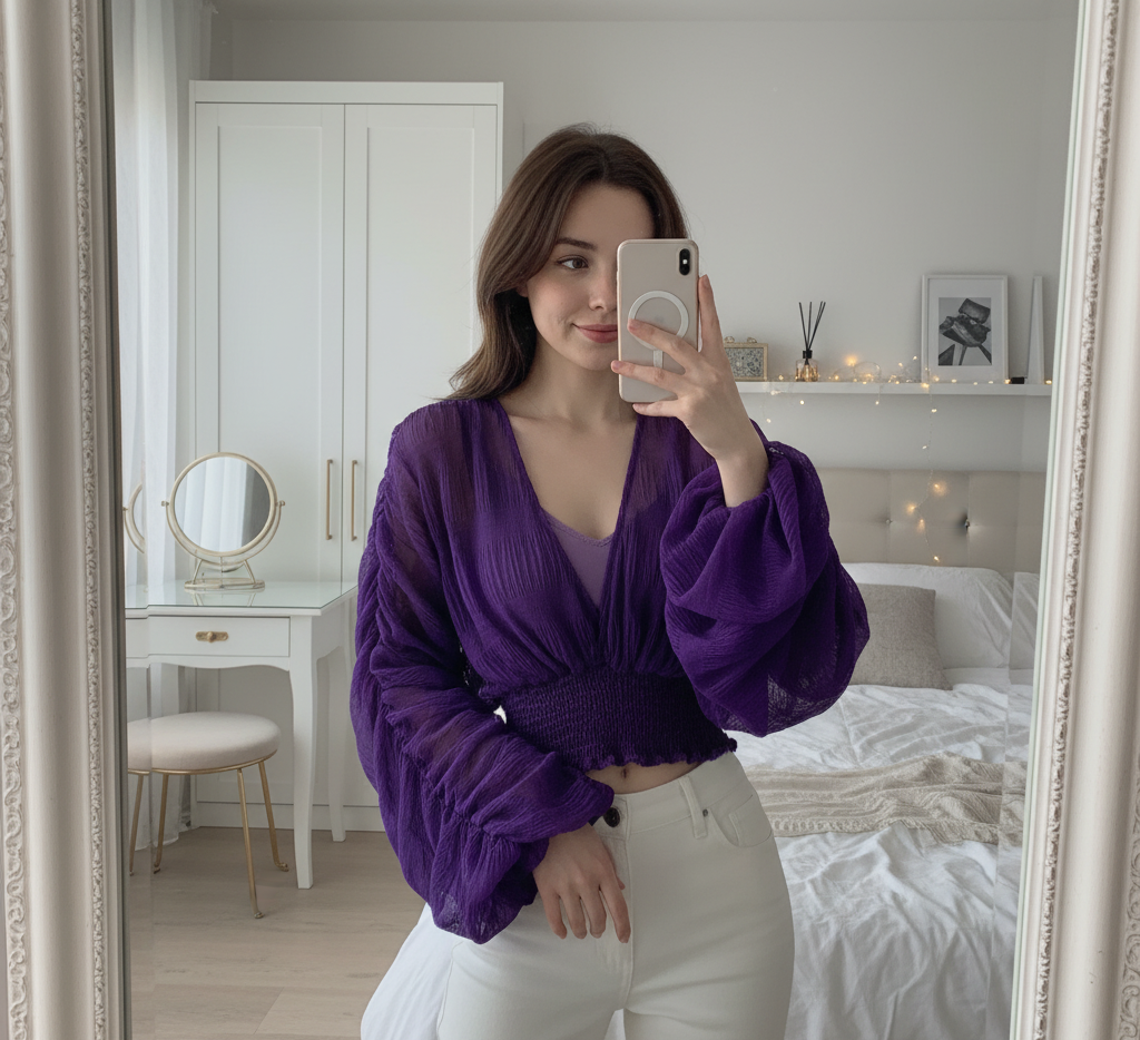 Woman taking a mirror selfie wearing a purple top and white pants in a bedroom.