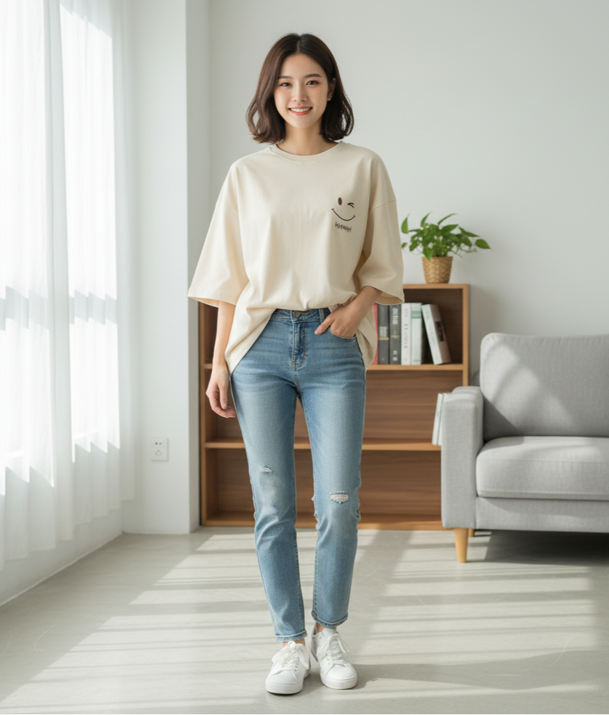 Woman wearing a beige shirt with a smiley face and light blue jeans in a living room.