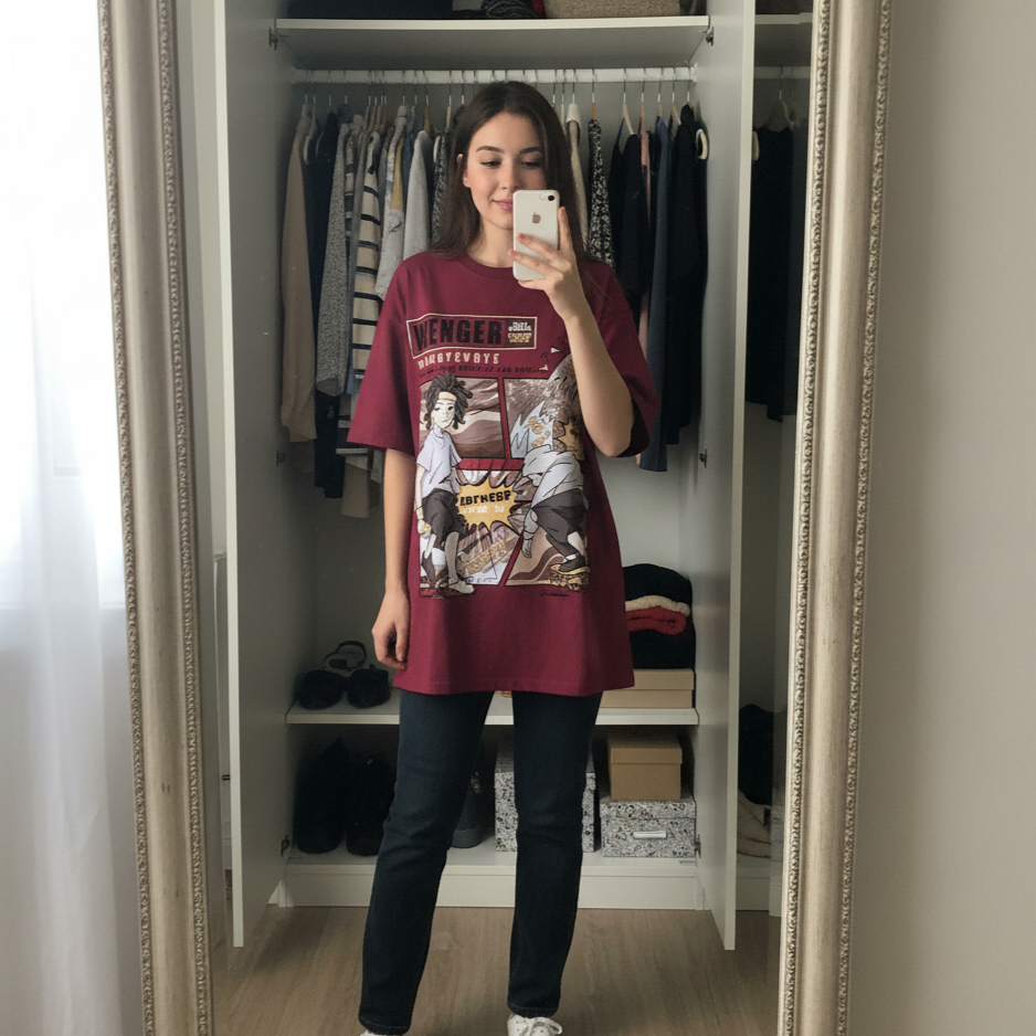 Person taking a mirror selfie wearing a graphic t-shirt in a room with clothes on hangers.