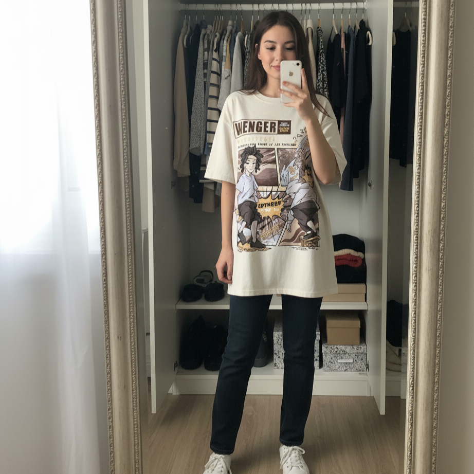 Person taking a mirror selfie wearing a graphic t-shirt in a closet.