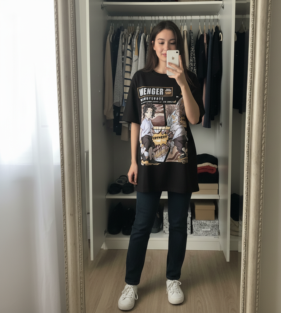 Person taking a mirror selfie wearing a graphic t-shirt and dark pants in a room with clothes on hangers.