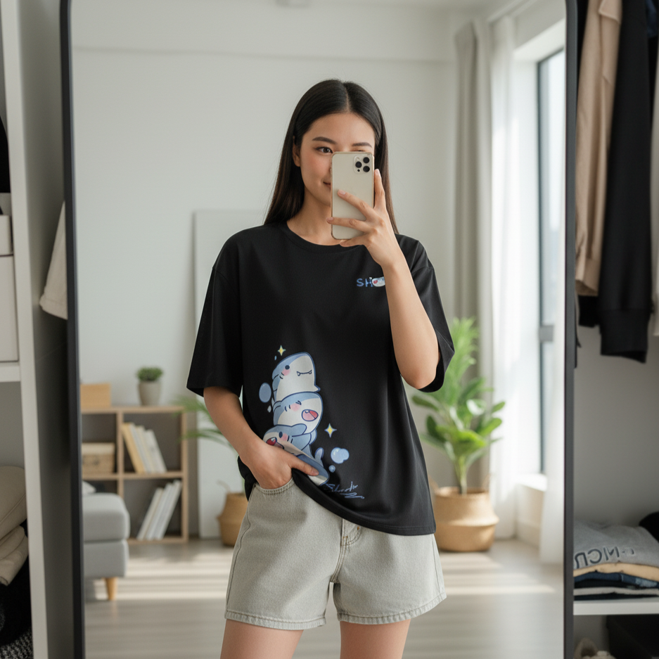 Person taking a mirror selfie wearing a black t-shirt with a graphic design and light-colored shorts in a room.