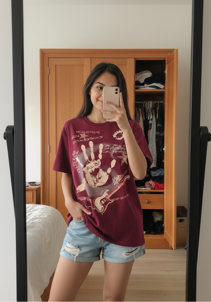 Person wearing a maroon graphic t-shirt and denim shorts taking a mirror selfie.