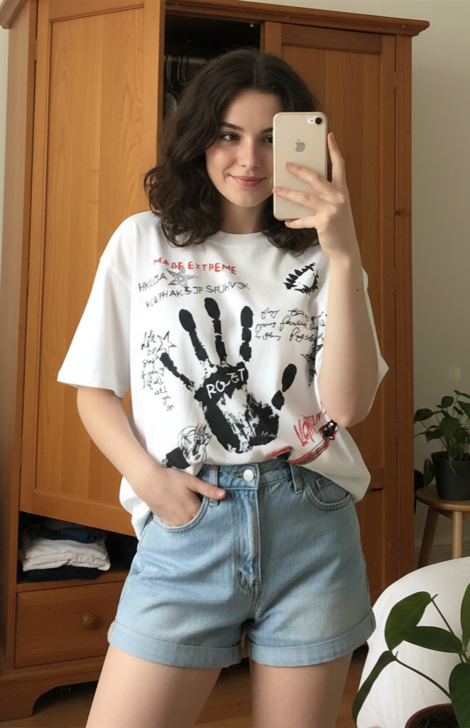 Person taking a mirror selfie wearing a white t-shirt with black handprint design and denim shorts.