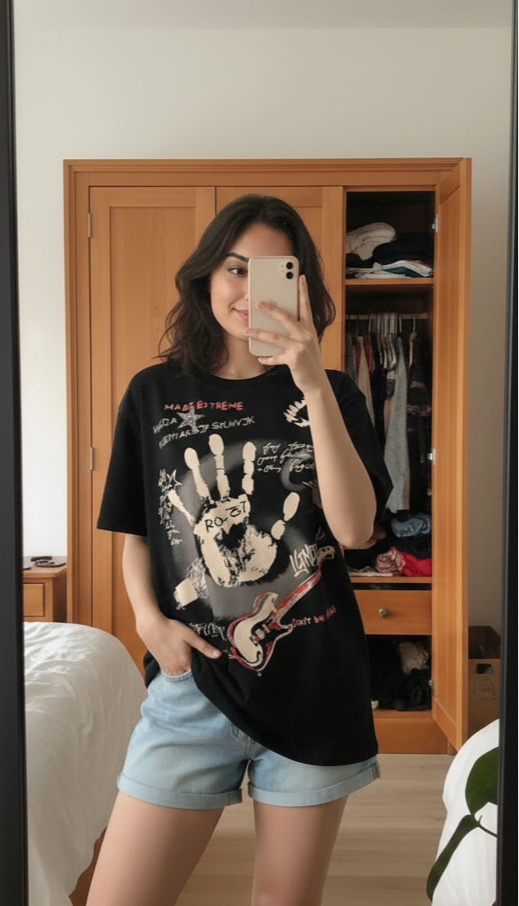 Person taking a mirror selfie wearing a black t-shirt with a graphic design and light blue shorts.