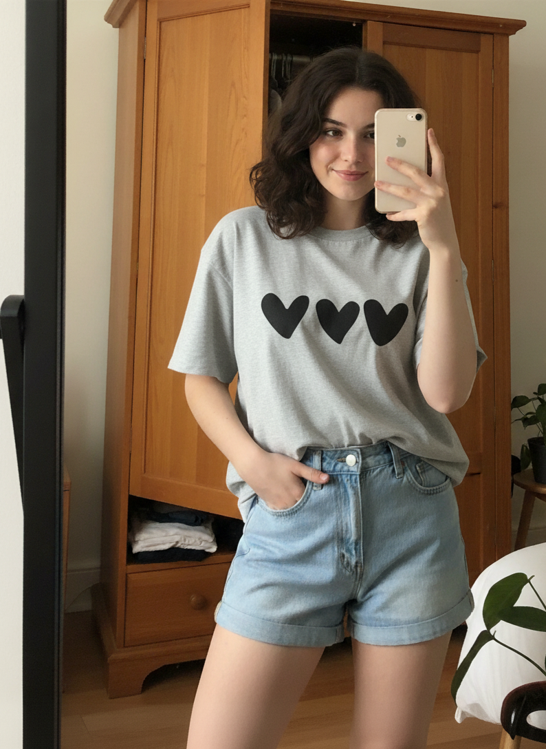 Person wearing a gray t-shirt with heart designs and denim shorts, taking a mirror selfie.