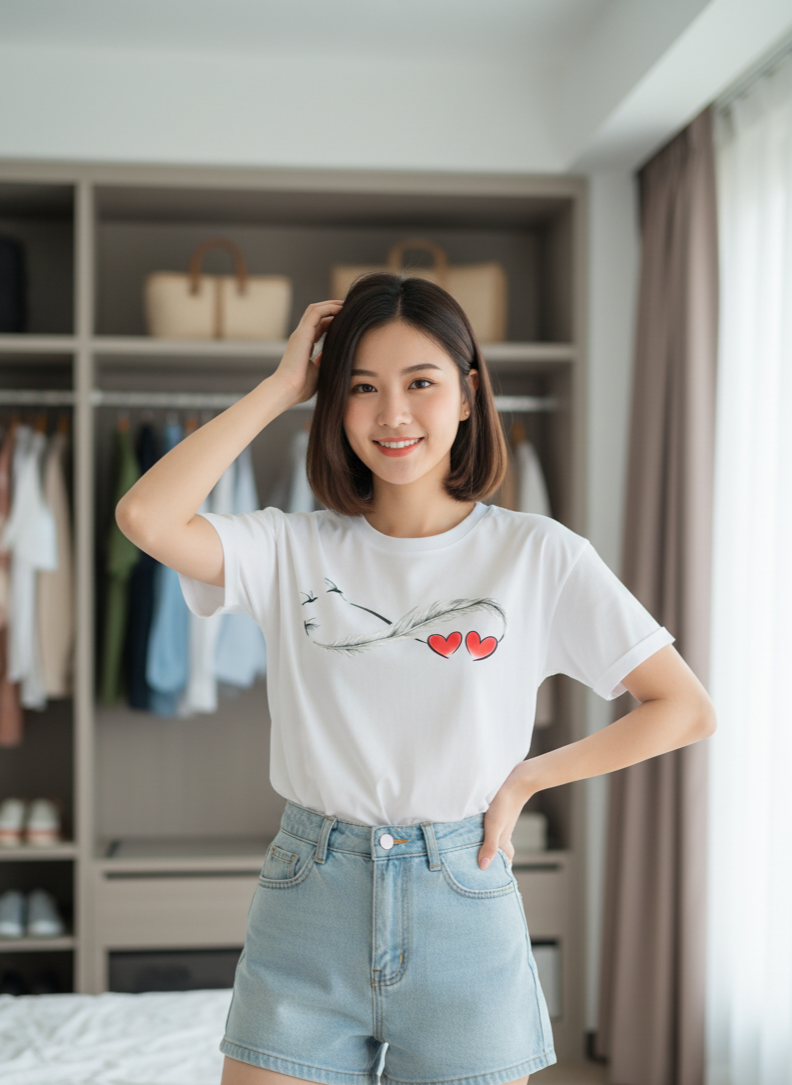 Woman wearing a white t-shirt with a design and light blue shorts in a room.