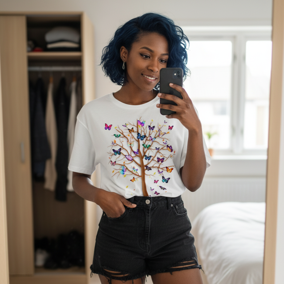 Person wearing a white t-shirt with a colorful butterfly design, taking a mirror selfie.