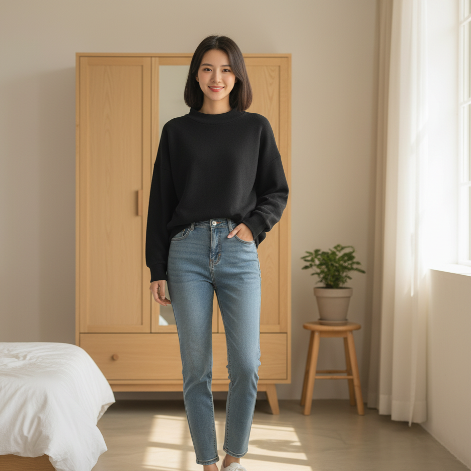 Woman wearing a black sweater and blue jeans standing in a bedroom.