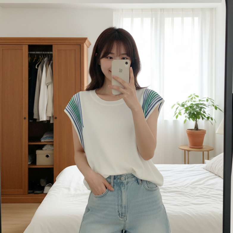 Person taking a mirror selfie wearing a white top with colorful sleeves and denim shorts in a bedroom.