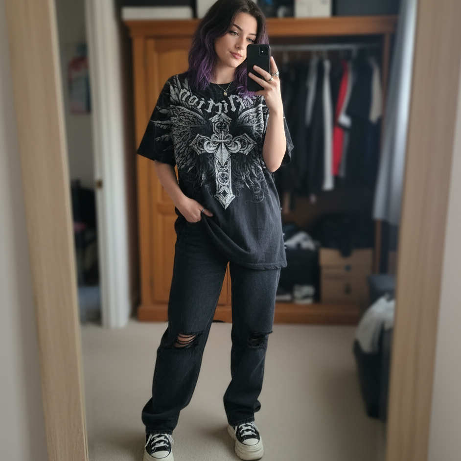 Person taking a mirror selfie wearing a graphic t-shirt and dark pants in a room.