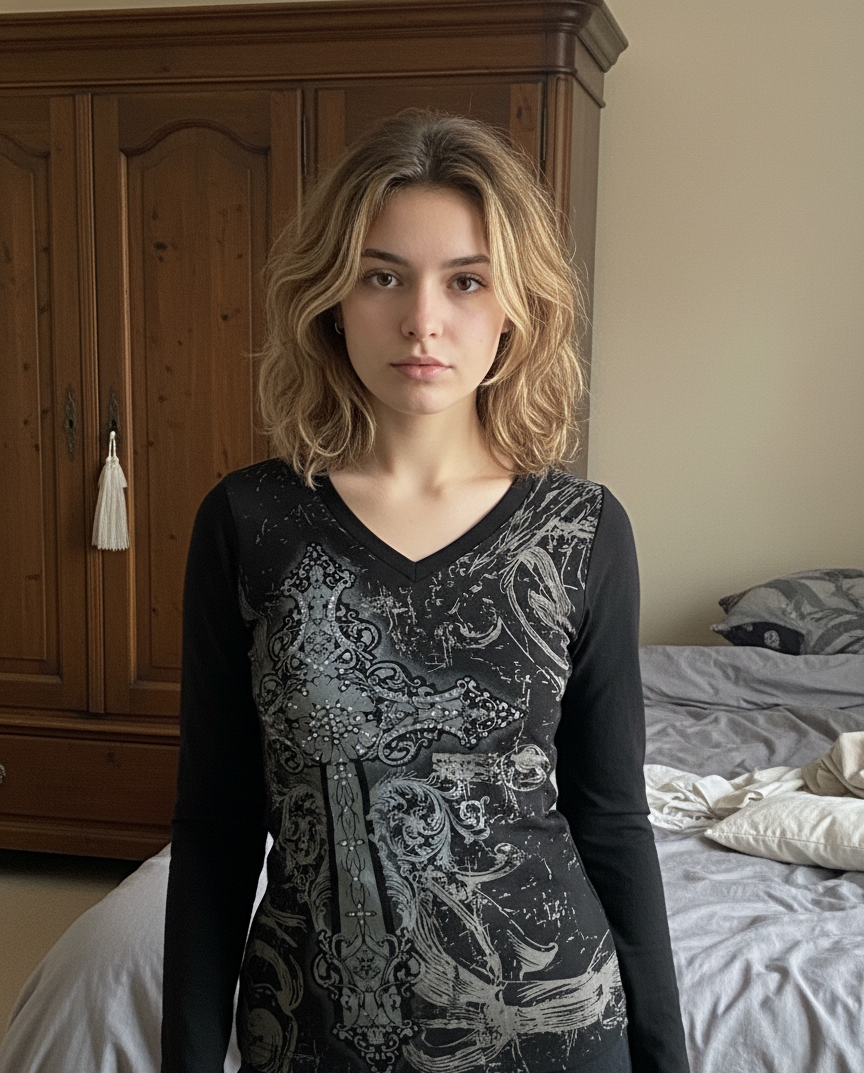 Woman wearing a black patterned long-sleeve top in a bedroom setting