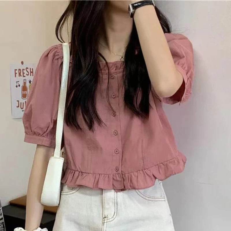 Korean-Inspired Ruffle Chiffon Blouse – Cute Cropped Short Sleeve Feminine Chic Shirt for Women - Stylemein
