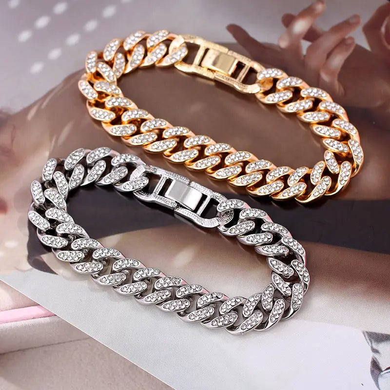 12mm Iced Out Cuban Link Chain Bracelet Gold Silver for Men & Women