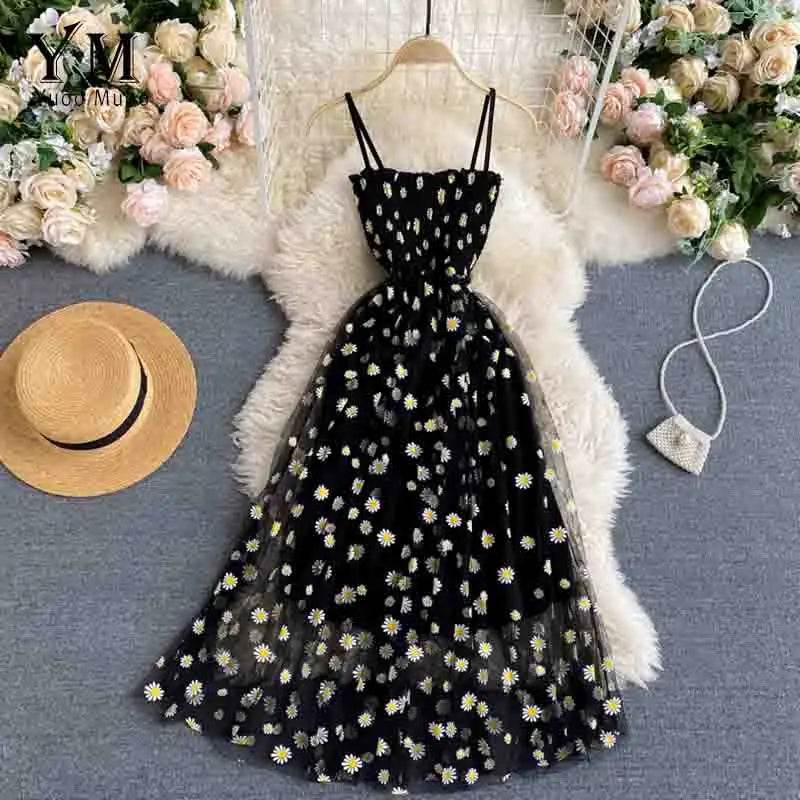 Daisy Flower Print Mesh Party Dress | Summer Spaghetti Strap Midi Dress | Beach Vacation Vestidos - Stylemein