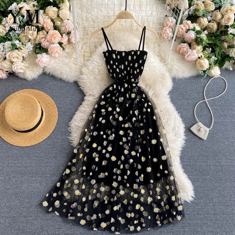 Daisy Flower Print Mesh Party Dress | Summer Spaghetti Strap Midi Dress | Beach Vacation Vestidos - Stylemein