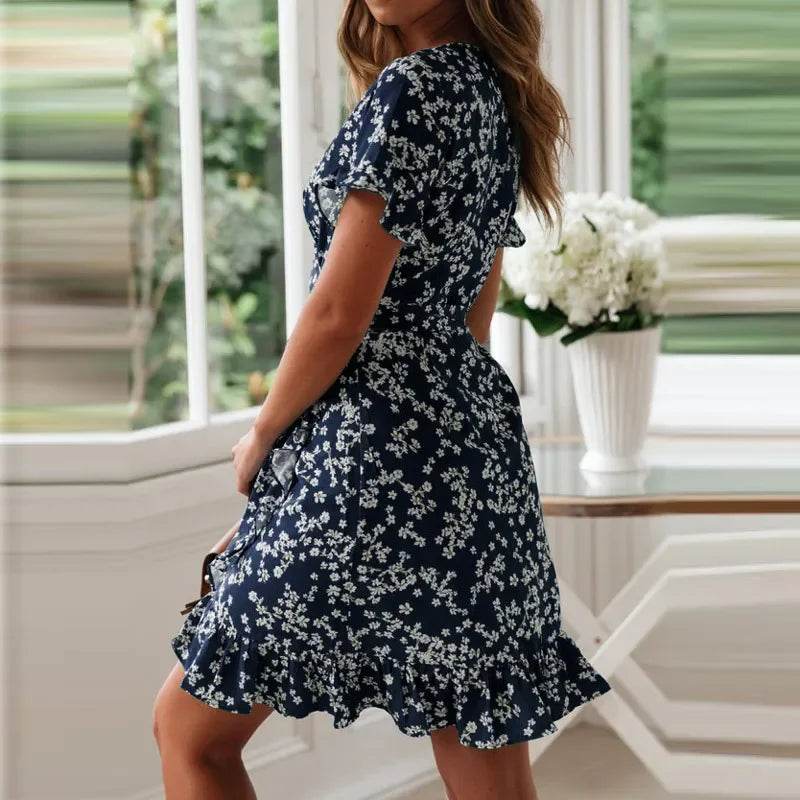 Floral Vibe: Summer Boho Beach Mini Dress with Ruffle Sleeves - Stylemein